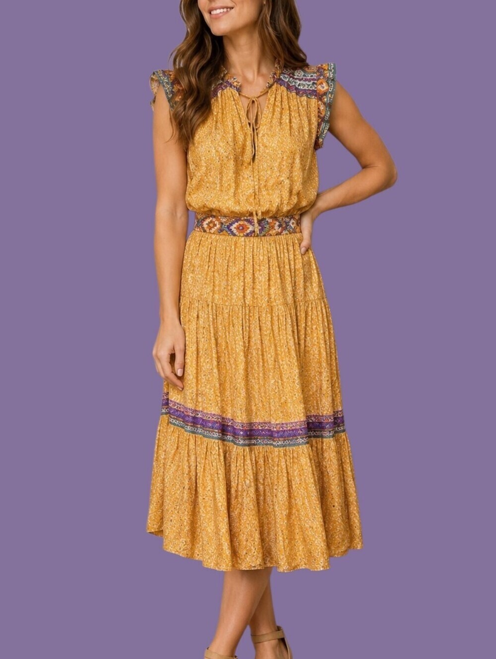 CURRENT AIR Southwestern Aztec Floral Bohemiam Ruffle Tiered Dress